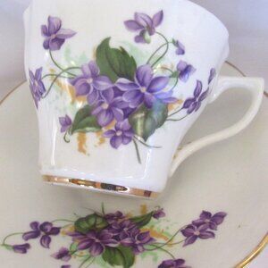 Clare English Bone China Tea Cup and Saucer Vivacious Violets, Gold Gilt    H223
